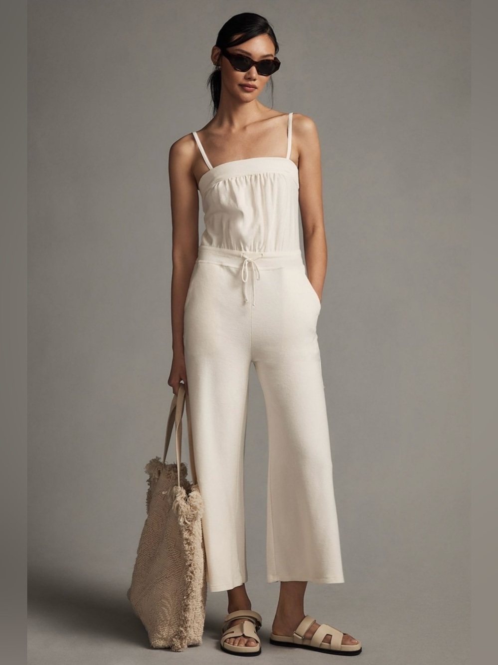 Daily Practice Strapless Wide Leg Jumpsuit Stretch Cinch White Anthropologie